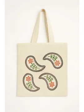Ahşap Baskı Desenli Krem Buldan Omuz Çantası 38x42 Cm Siyah