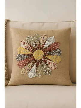 Vintage Patchwork Kırlent Kılıfı  Fermuarlı Keten Dekoratif Yastık