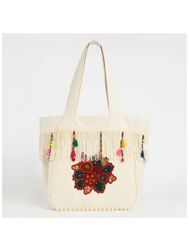 Bohem Nakışlı Püsküllü Pamuklu Krem Omuz Çantası 45x35