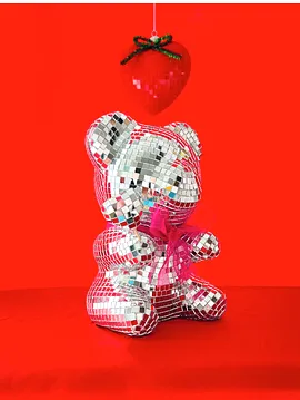 El Yapımı Disko Teddy Ayı-gerçek Cam Ayna, Fiyonklu Kırmızı