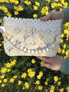 Simli Akrilik Saplı Makrome Çanta Krem Rengi
