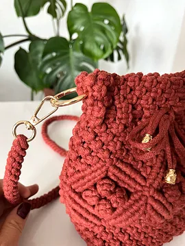 Kiremit Rengi Kese Model  Makrome Çanta Kırmızımsı Kahverengi