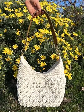 Ekru  Suni Deri Saplı Lotus Model Makrome Çanta Krem Rengi