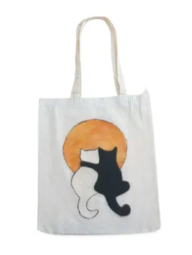 Yün Keçe İşlemeli Ay Işığında Kedi Aşkı Bez Çanta Ham