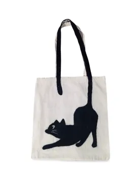 Yün Keçe İşlemeli Kara Kedi Desenli Bez Çanta Ham