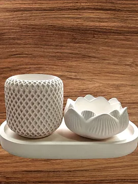 El Yapımı Dekoratif Vazo Ve Lotus Mumluk Seti Beyaz