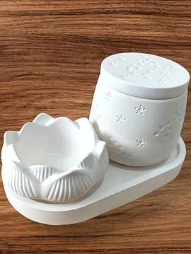 El Yapımı Dekoratif Yıldızlı Kutu Ve Lotus Mumluk Seti Beyaz