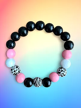 Kedi Köpek Ahşap Boncuklu Kolye Zebra Pembe Siyah