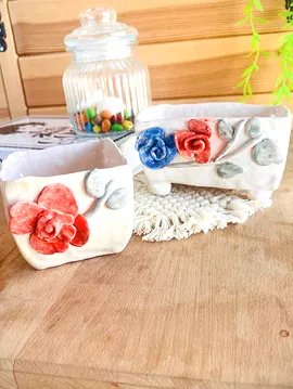 Gül Dekor Saksı Takımı Mavi