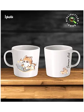 İşkolik Taş Kupa Fincan Üzeri Çalışan Kedi Baskılı Bej