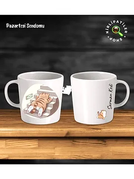 Pazartesi Sendromu Taş Kupa Fincan Üzeri Çalışan Kedi Baskılı Bej