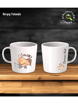 Her Şey Yolunda Taş Kupa Fincan Üzeri Çalışan Kedi Baskılı Bej