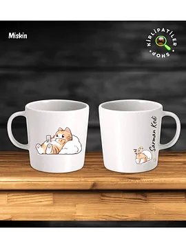 Miskin Taş Kupa Fincan Üzeri Ev Kedisi Baskılı Bej