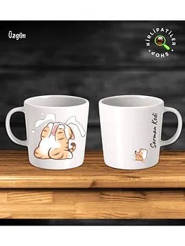 Üzgün Taş Kupa Fincan Üzeri Duygusal Kedi Baskılı Bej
