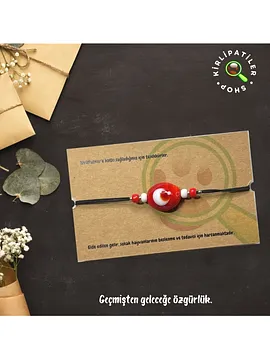 Murano Cam Ay Yıldız Bayrak Figür Bileklik Kırmızı