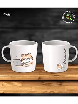 Stajyer Taş Kupa Fincan Üzeri Çalışan Kedi Baskılı Bej