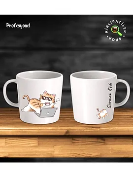 Profesyonel Taş Kupa Fincan Üzeri Çalışan Kedi Baskılı Bej