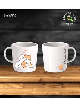 Beni Affet Taş Kupa Fincan Üzeri Duygusal Kedi Baskılı Bej