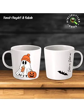 Taş Kupa Fincan Üzeri Cadılar Bayramı Baskılı Kirlipatiler Beyaz