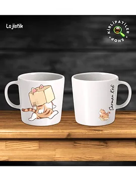 Lojistik Taş Kupa Fincan Üzeri Çalışan Kedi Baskılı Bej