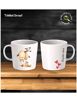 Tehlikeli Serenat Taş Kupa Fincan Üzeri Sevgili Kedi Baskılı Bej