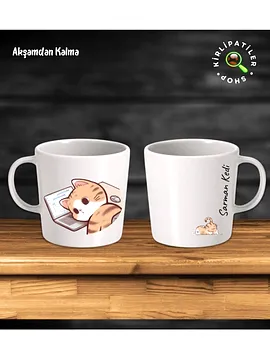 Akşamdan Kalma Taş Kupa Fincan Üzeri Çalışan Kedi Baskılı Bej