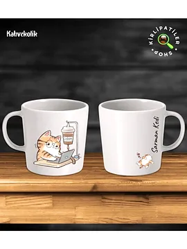 Kahvekolik Taş Kupa Fincan Üzeri Çalışan Kedi Baskılı Bej