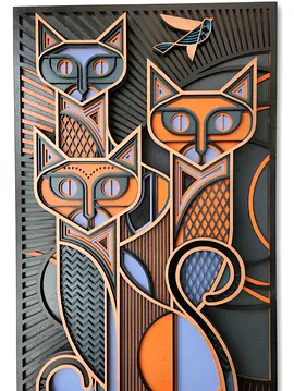 Feline Trio V1 Üç Boyutlu Ahşap Kedi Tablosu  Modern Duvar Dekoru 