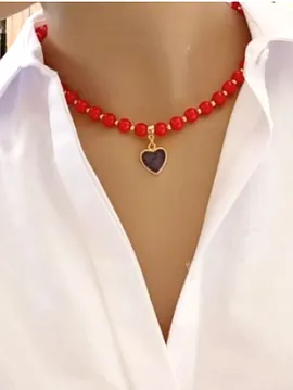Mimoza Cam Boncuk Kalp Kolye  Kırmızı