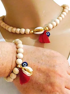 Ahşap Deniz Kabuğu Nazar Kolye Bileklik Set Bej