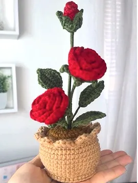 Örgü Saksı Kırmızı Gül Kırmızı