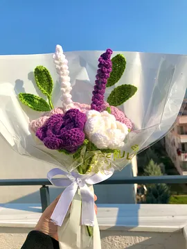 Örgü Çiçek Buketi Gül Mor Sevgililer Günü