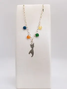 Akik Ve Sitrin Doğal Taşlı, Kedi Detaylı Gümüş Kolye Çok Renkli