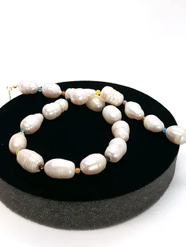 Gerçek İnci Ve Renkli Akik Doğal Taşlı Choker Kolye Beyaz