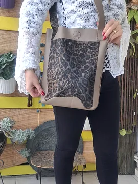 Kum Rengi Ve Metalik Leopar Hakiki Deri Tote 