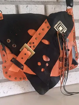 Turuncu Siyah Hakiki Deri El Yapımı Çanta Turuncu