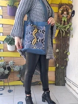 Yılan Derisi Ve Metaik Mavi Hakiki Deri Tote Çanta Mavi