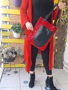 Kırmızı Pırıltılı Süet Ve Krokodil Siyah Hakiki Deri Tote Çanta 