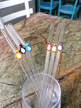 Penguenli Tasarım Cam Pipetler Çok Renkli