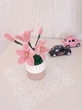 Solmayan Dekoratif Mini Saksılı Şönil El Örgüsü Çiçek Pembe