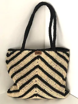 2 Renk Örgü Dokulu Zigzag Şeritli Tote Çanta Siyah