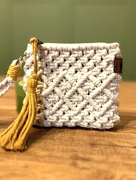 El Örgüsü Makrome Mini Clutch Cüzdan Krem Rengi