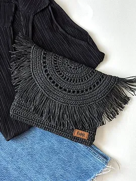 Hasır Tığ İşi Clutch Çanta - Siyah