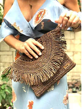 Hasır Tığ İşi Clutch Çanta - Kahverengi