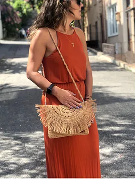 Hasır Tığ İşi Clutch Çanta - Bej