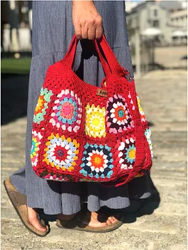 Bohem Kare Motifli Vintage El Örgüsü Çanta Kırmızı