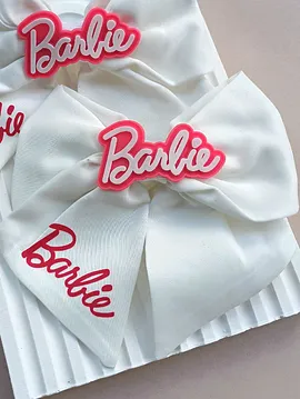 Barbie Baskı Saten Fiyonk Toka  Beyaz