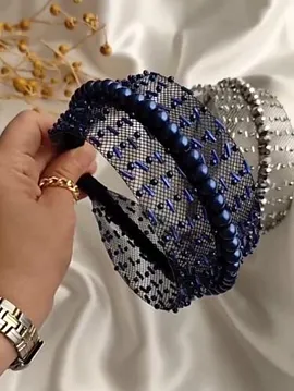 Pearl Tulle Kristal Taş İşlemeli Lacivert Tül Taç - Saç Bandı