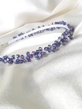 The Queen Kristal Cam Boncuk İşlemeli Taç - Saç Aksesuarı Mor