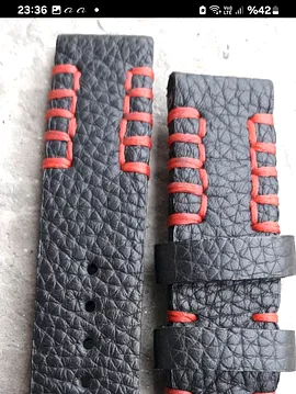 22 Mm Siyah Floter Gerçek Deri Saat Kordonu Kırmızı Dikişli  Siyah